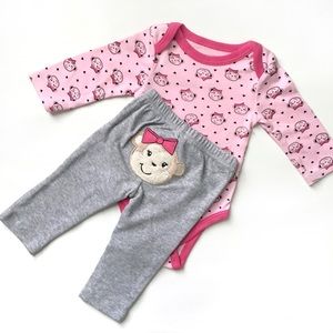 Q Baby Girl Pink Gray Monkey Bows Long Sleeve Onesie Pant Set Size 3 to 6 Months